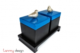 Set of 2 square boxes 9cm with blue lid with birds included with stand
